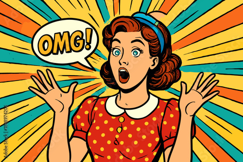 Retro Wow Moment. Woman in a retro dress throws her hands up in amazement, her eyes wide with astonishment. A speech bubble with 'OMG! ' floats above her head as. Vector illustration