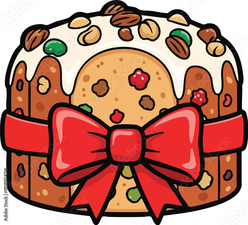 Close-up of a festive Christmas panettone with white icing, nuts, and dried fruits, tied with a red bow on a plain white background.