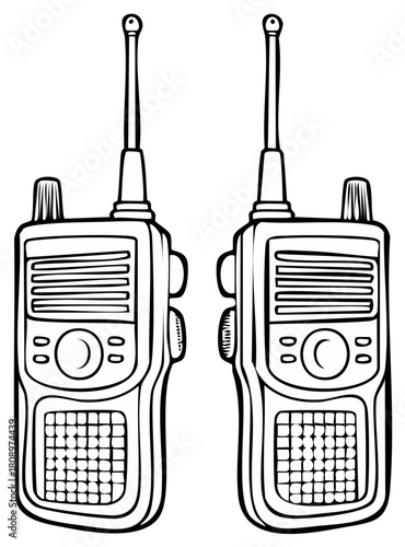 Outline illustration of two classic walkie talkie two way radios for communication
