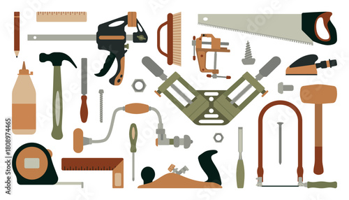 Vector illustration featuring a collection of hand tools including saws, hammers, drills, and screwdrivers. Ideal for woodworking, carpentry