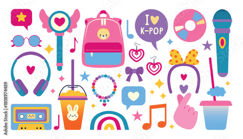 K-Pop themed vector illustration featuring colorful and fun icons such as microphones, headphones, heart symbols, and other music-related elements, perfect for expressing love for K-Pop culture.