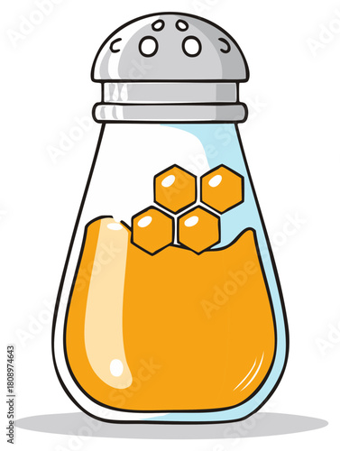 Sweet golden honey in a transparent shaker with honeycomb pattern vector illustration