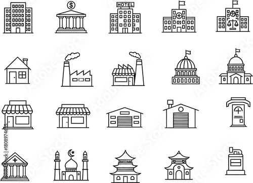 Hand drawn building icons set architecture collection