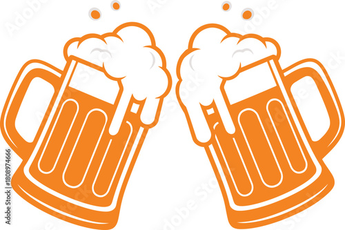 Illustration of two frothy beer mugs clinking in a celebratory toast, isolated on white background