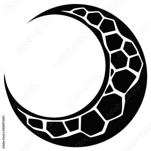 Stylized Crescent Moon Black and White Illustration with Geometric Stone Texture