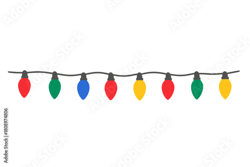 Festive Holiday Lights. Straight line of Christmas lights with alternating red, green, blue, and yellow bulbs. The orderly arrangement along a black wire suggests. Vector illustration
