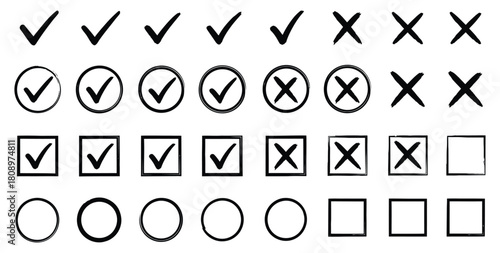 Hand drawn check marks and crosses set