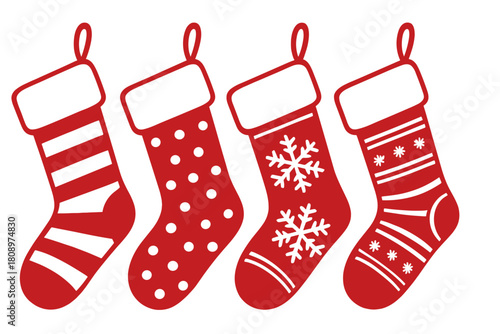 Festive Stockings Row. Row of hanging Christmas stockings, each one unique with patterns of stripes, dots, and snowflakes. The silhouettes are charming and playful,. Vector illustration