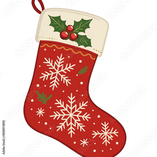 Festive Stocking Design. Classic Christmas stocking, richly decorated with embroidered snowflakes and holly leaves. The stocking hangs with an inviting curve, ready. Vector illustration