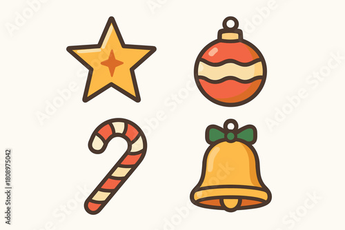 Festive Icon Set. Set of festive icons featuring holiday elements such as a star, bauble, candy cane, and bell. Each icon is distinct yet cohesive in style, with. Vector illustration
