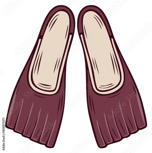 Pair of maroon flippers for swimming or diving with beige foot pockets