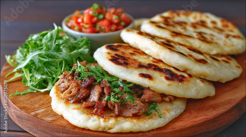 Arepas rellenas de carne servidas sobre tabla de madera con ensalada verde y pico de gallo en el fondo