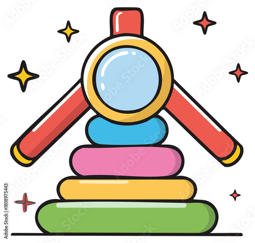 Colorful cartoon illustration of a stackable toy and magnifying glass with sparkles.