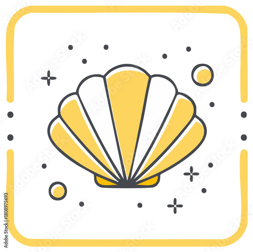 Stylized yellow scallop seashell with simple dots and sparkles in a rounded yellow border
