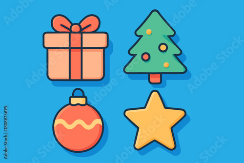 Festive Christmas Symbols. Collection of Christmas symbols, featuring a gift box, tree, star, and ornament, arranged in a lively and festive manner. The vivid blue. Vector illustration