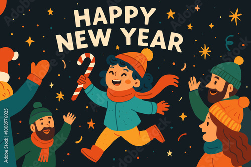 Merry Winter Celebration. Young girl with a candy cane in hand, wearing vibrant winter attire, skips along merrily. Her bright clothes and animated expression. Vector illustration