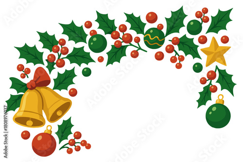 Festive Holiday Garland. Garland of mixed holiday elements, including bells, holly leaves, and baubles. These icons are arranged in a cascading flow, creating a. Vector illustration