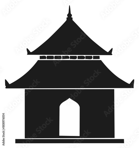 Elegant silhouette vector of traditional Asian building featuring tiered roofs and arched entrance for cultural designs