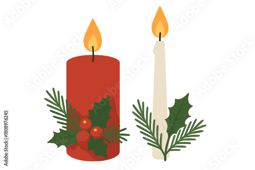Festive Candle Arrangement. Set of holiday candles, featuring a red pillar candle and a white taper candle, both adorned with pine and holly accents. The candles. Vector illustration