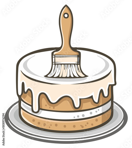 Creative concept of decorating a layer cake with a paintbrush applying white icing or frosting