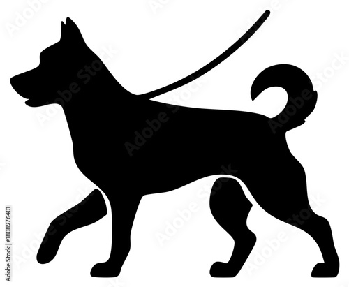 Elegant black silhouette of a walking dog with leash emphasizing its muscular build and curled tail symbol for pets and animal lovers