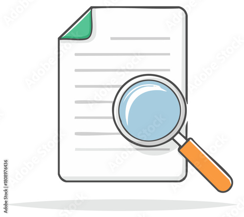 Magnifying glass examining a document with lines of text and a green corner tab