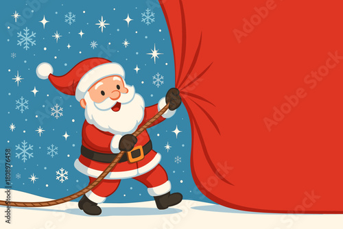 Santa's Joyful Banner. Santa Claus is joyfully pulling a large red banner across a snowy background. The scene is filled with sparkling stars and snowflakes,. Vector illustration