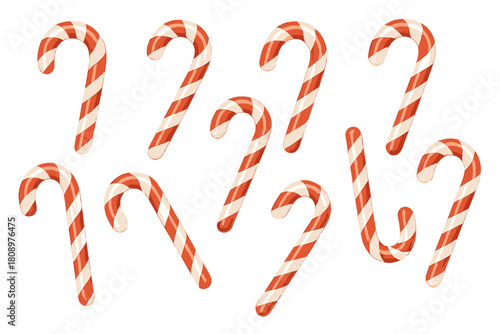 Festive Candy Canes. A collection of candy canes with red and white stripes, arranged in a playful, scattered pattern. The iconic shape and color scheme evoke a. Vector illustration