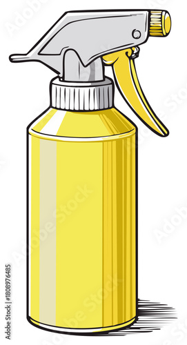 Yellow plastic trigger spray bottle with cleaning solution comic style vector illustration