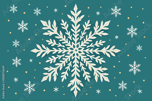 Intricate Snowflake Design. Single large snowflake, intricately designed, serves as a focal point against the teal canvas. This snowflake stands out with its. Vector illustration