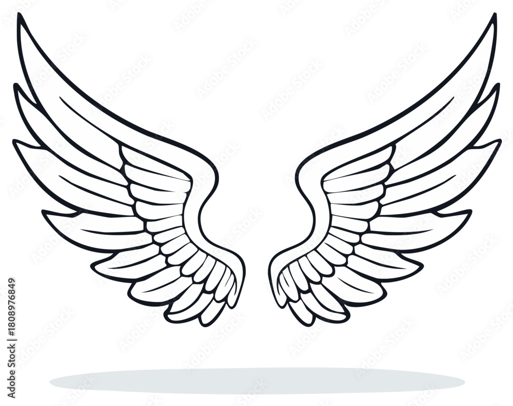 Obraz premium Pair of Stylized Angel Wings Black Outline Drawing Graphic Element for Design