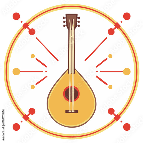 Acoustic stringed instrument with circle frame, music culture symbol, icon, decoration or logo vector illustration, traditional design