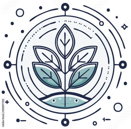 Abstract line art illustration of a plant growing in a biosphere with cosmic symbols