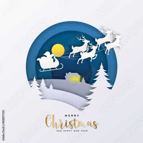 Festive Winter Night Scene With Santa Sleigh And Reindeer Over Snowy Village Landscape