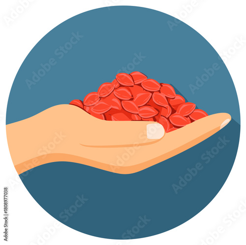 Hand holding goji berries in a blue circle background in flat style illustration