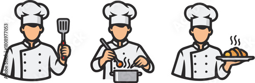 Set of three chef icons in different cooking poses: holding a spatula, stirring a pot, and serving fresh croissants.