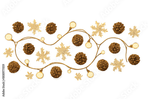 Fairy Lights and Pinecones. String of warm, glowing fairy lights weaves through a collection of small, textured pinecones and glittering snowflakes. Set against a. Vector illustration