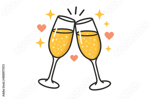 Celebratory Champagne Toast. Pair of champagne flutes clinking together, filled with bubbly, golden liquid. The glasses are accompanied by small, celebratory stars. Vector illustration