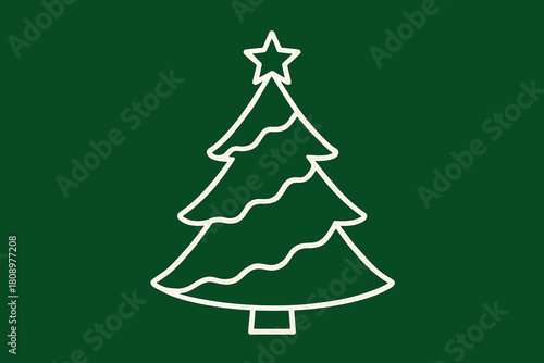 Minimalist Christmas Tree. Stylized Christmas tree with a star on top, outlined in white, set against a rich green backdrop. The tree features simple, wavy lines. Vector illustration