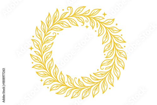 Golden Festive Wreath Design. Golden wreath is intricately designed with swirling leaves and small stars, symbolizing unity and celebration. It acts as a focal point. Vector illustration