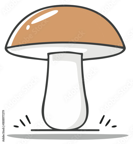 Vibrant Cartoon Mushroom Icon with Brown Cap and White Stem Growing