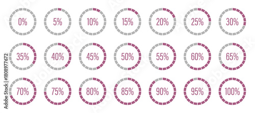 Pink progress bars. Template of pink and gray color fill pie charts indicators. Set of round graph loading progress. Circle pink diagrams icons for infographics from 0 to 100 percent. Round percentage