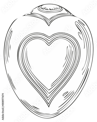Hand drawn illustration of a heart shaped love potion bottle in a vintage engraving style