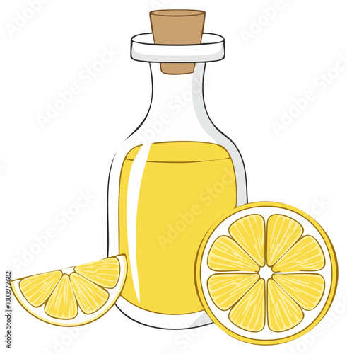 Glass bottle of lemon essential oil or juice with a cork stopper and fresh citrus slices illustration