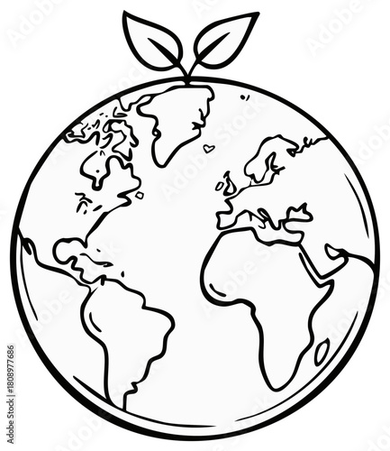 Illustration of Earth with sprouting leaves on top, symbolizing environment and sustainable growth.