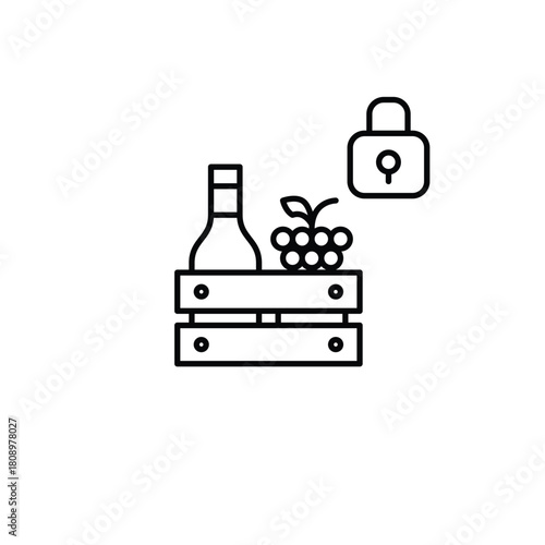 Wine bottle, grapes and lock. Restricted alcohol distribution. Protected farming. Pixel perfect, editable stroke vector icon
