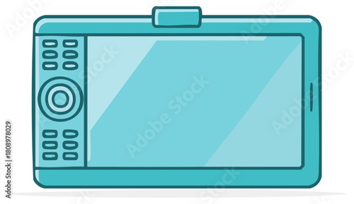 Turquoise electronic tablet device with buttons and scroll wheel