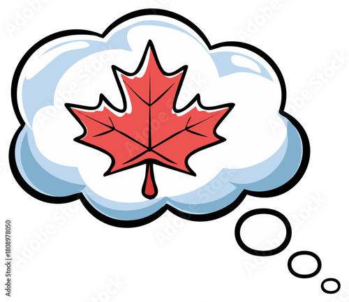 Maple Leaf in Thought Bubble Cartoon Style Illustration Red Leaf and Clouds