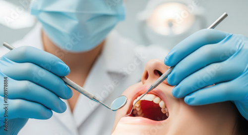 Dentist examining a patients teeth with dental tools