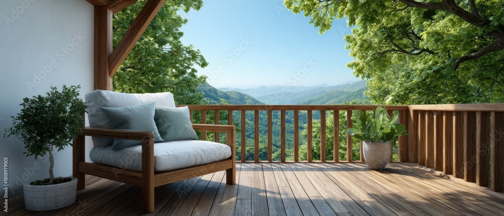 Fototapeta premium Wood balcony in modern house with mountain view. wood floor and wooden sofa. Copy space